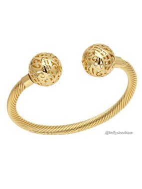 Hollow Ball Filigree Bead Twisted Open Cuff Bracelet Adjustable Gold